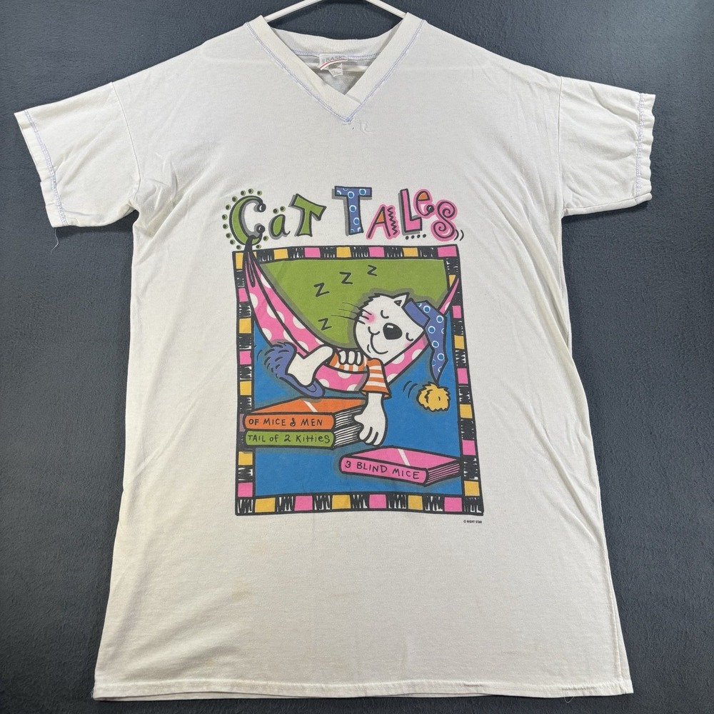 VTG 90s Cat Tales Sleep Shirt OSFA Graphic Tee V-Neck Book Puns Distressed USA